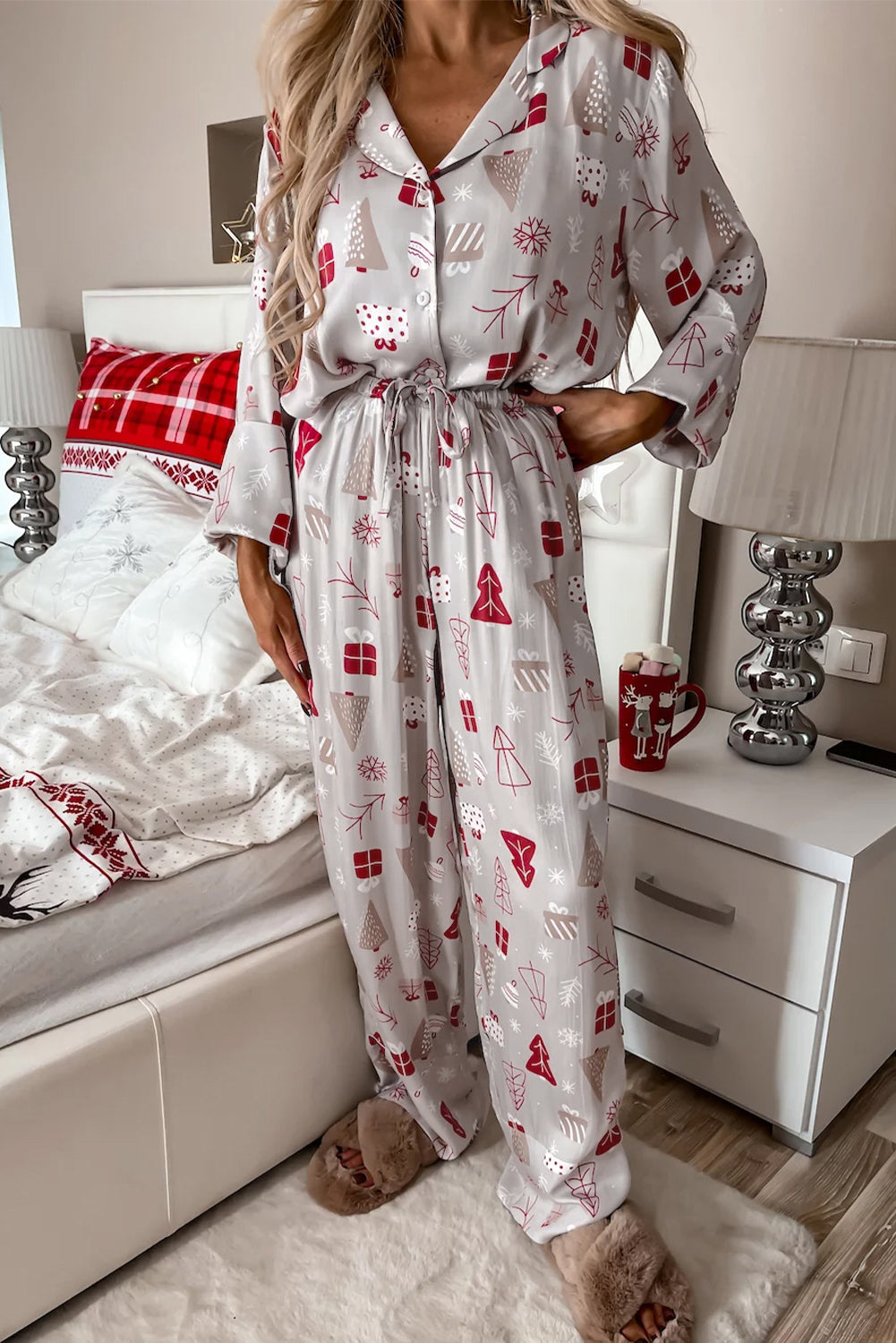 Light Grey Christmas Printed Shirt and Pants Pajama Set - Little Miss Vanilla