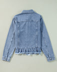 Beau Blue Ruffle Raw Hem Flap Pockets Denim Jacket