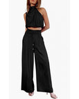 Summer Suits Casual Sleeveless Midriff-baring Top And Wide Leg Pants 2pcs Set Womens Clothing