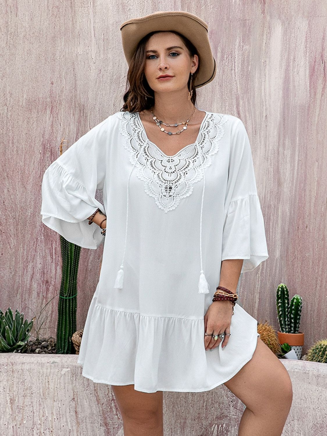 Plus Size Lace Detail Tie Neck Three-Quarter Sleeve Mini Dress - Little Miss Vanilla