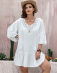 Plus Size Lace Detail Tie Neck Three-Quarter Sleeve Mini Dress - Little Miss Vanilla