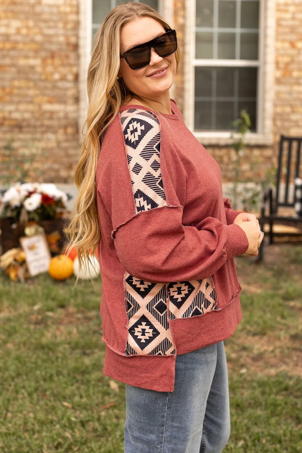 Plus Size Geometric Round Neck Long Sleeve Sweatshirt - Little Miss Vanilla