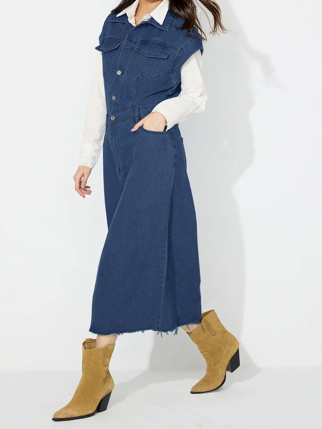 Slit Half Button Collared Neck Cap Sleeve Denim Dress - Little Miss Vanilla