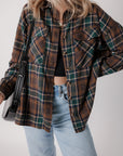 Brown Plaid Print Chest Pockets Buttoned Shirt Jacket - Little Miss Vanilla