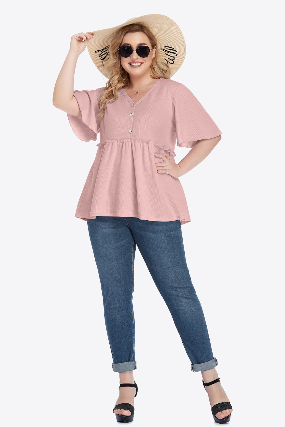 Plus Size Buttoned V-Neck Frill Trim Babydoll Blouse - Little Miss Vanilla