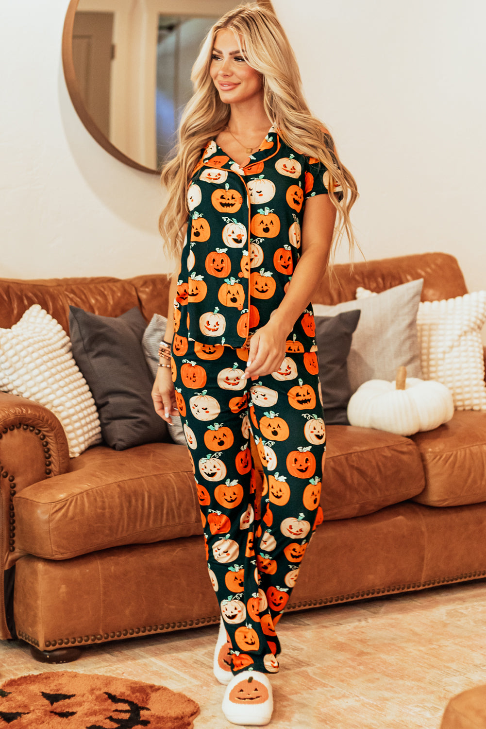 Orange Halloween Pattern Short Sleeve Shirt Pajama Set - Little Miss Vanilla