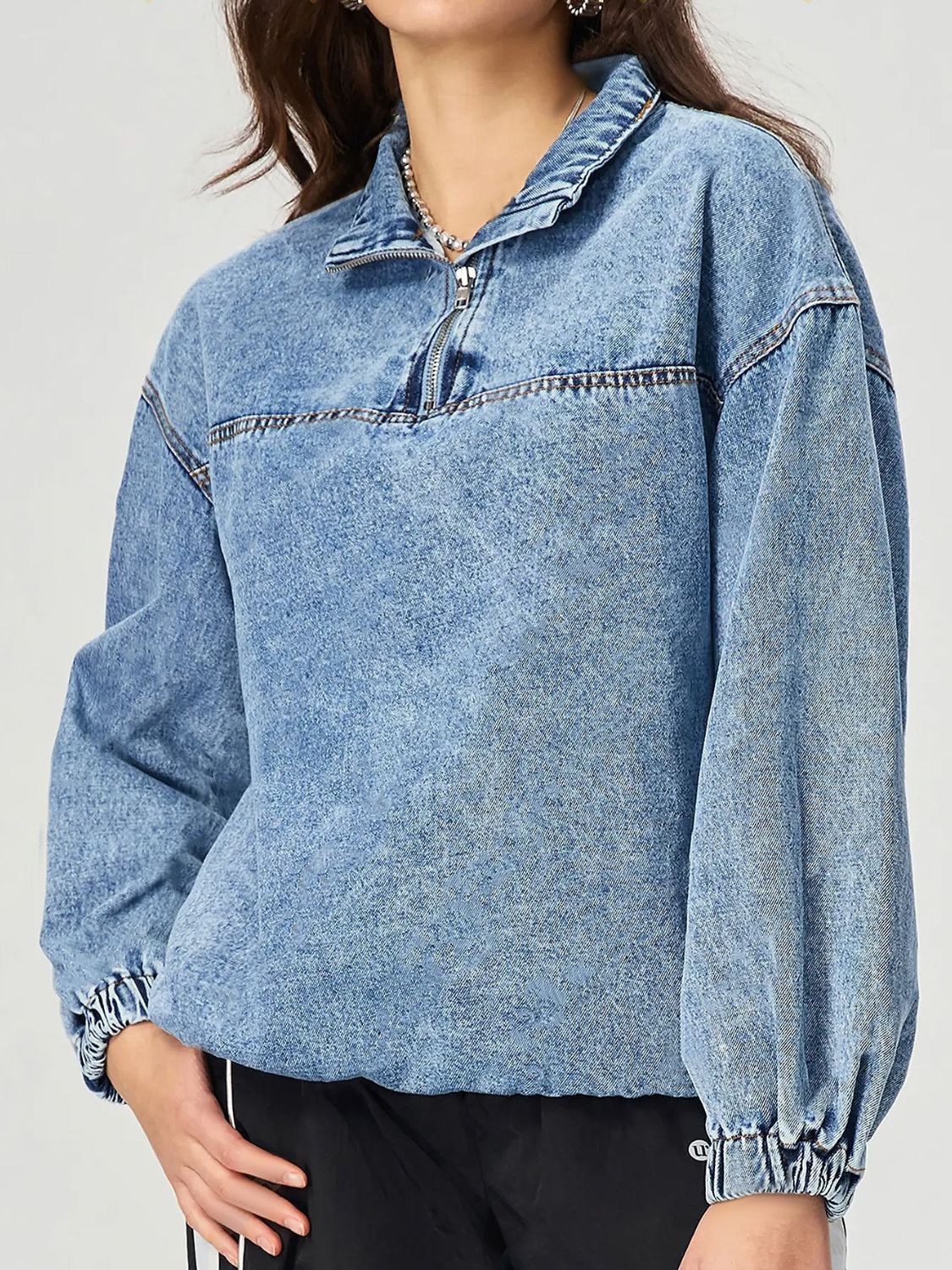 Quarter Zip Collared Neck Denim Top - Little Miss Vanilla