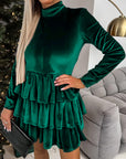 Evergreen Velvet High Neck Tiered Ruffle Mini Dress - Little Miss Vanilla