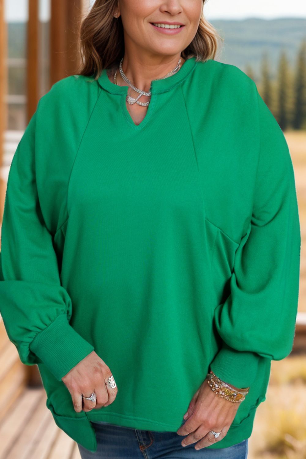 Plus Size Cutout Hem Notched Long Sleeve Sweatshirt - Little Miss Vanilla