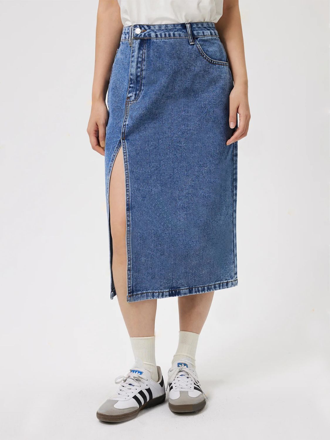 Slit Midi Denim Skirt with Pockets - Little Miss Vanilla