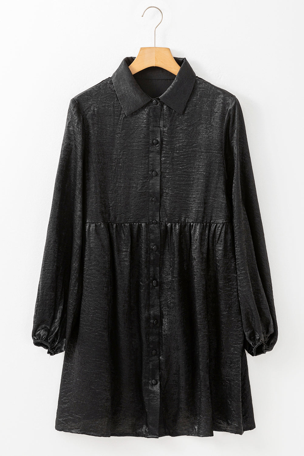 Black Metallic Sheen Puff Sleeve Button Up Mini Shirt Dress - Little Miss Vanilla