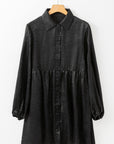 Black Metallic Sheen Puff Sleeve Button Up Mini Shirt Dress - Little Miss Vanilla