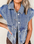 Ashleigh Blue Acid Wash Elastic Hem Button Up Denim Vest - Little Miss Vanilla