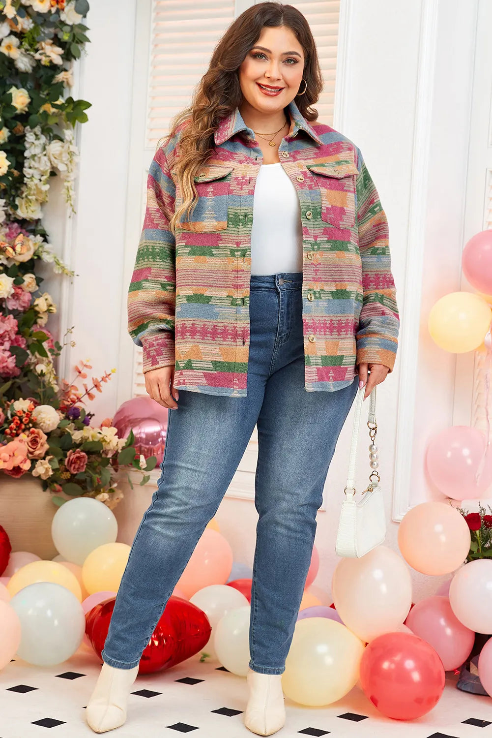 Plus Size Pocketed Printed Collared Neck Jacket - Little Miss Vanilla