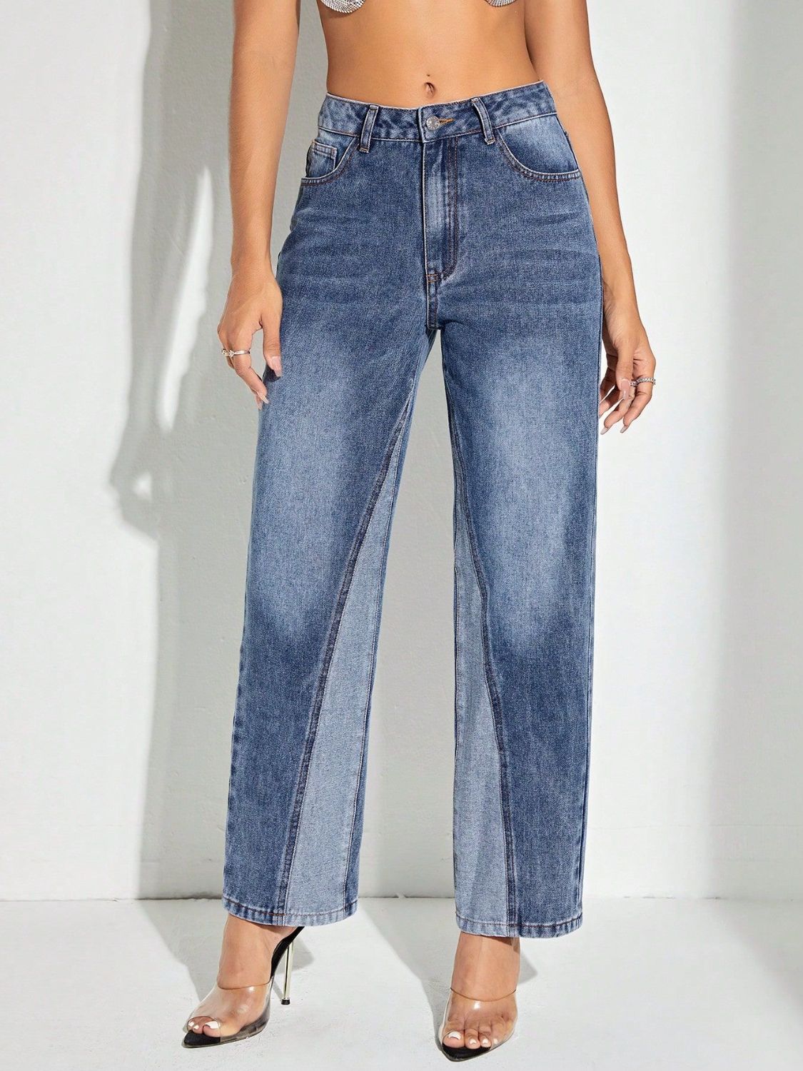 Contrast Patchwork Straight Jeans with Pockets - Little Miss Vanilla