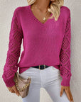 Solid V-neck Pullover Sweater With Hollow Long Sleeve Fashion Tops For Women Clothing