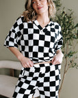 Black Checkerboard Print V Neck Loose Tee and Shorts Lounge Set