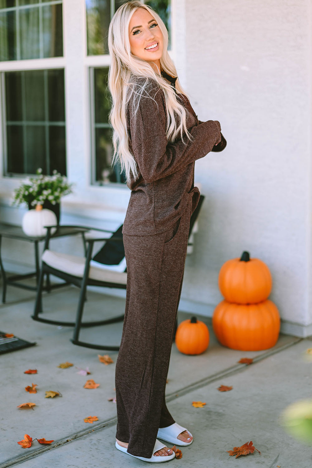 Brown Ribbed Knit Collared Henley Top and Pants Lounge Outfit - Little Miss Vanilla