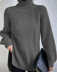 Turtleneck Pullover Sweater With Split Design Fashion Simple Solid Color Long Sleeve Tops Women's Clothing