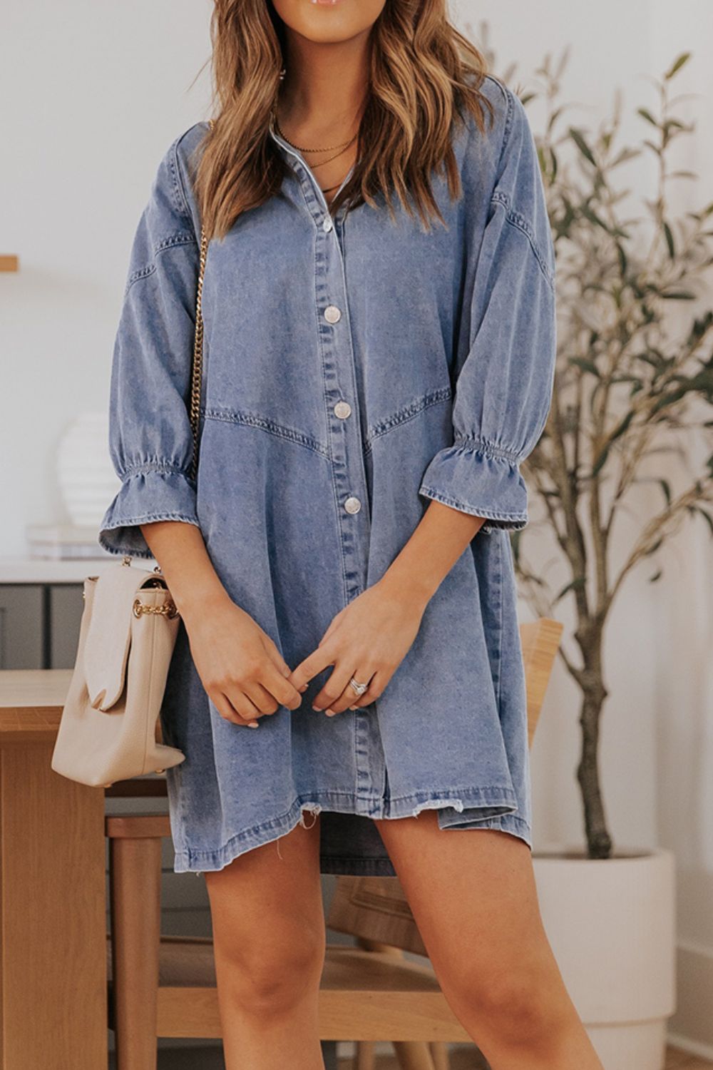 Distressed Collared Neck Flounce Sleeve Denim Dress - Little Miss Vanilla