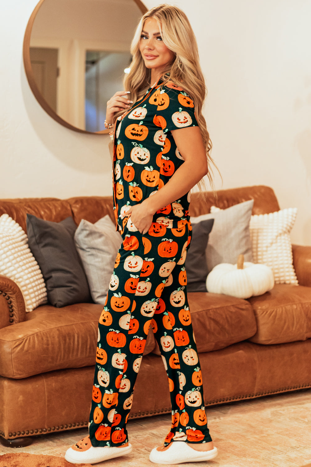 Orange Halloween Pattern Short Sleeve Shirt Pajama Set - Little Miss Vanilla