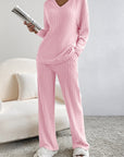 Light Pink Ribbed Knit V Neck Slouchy Two-piece Outfit - Little Miss Vanilla