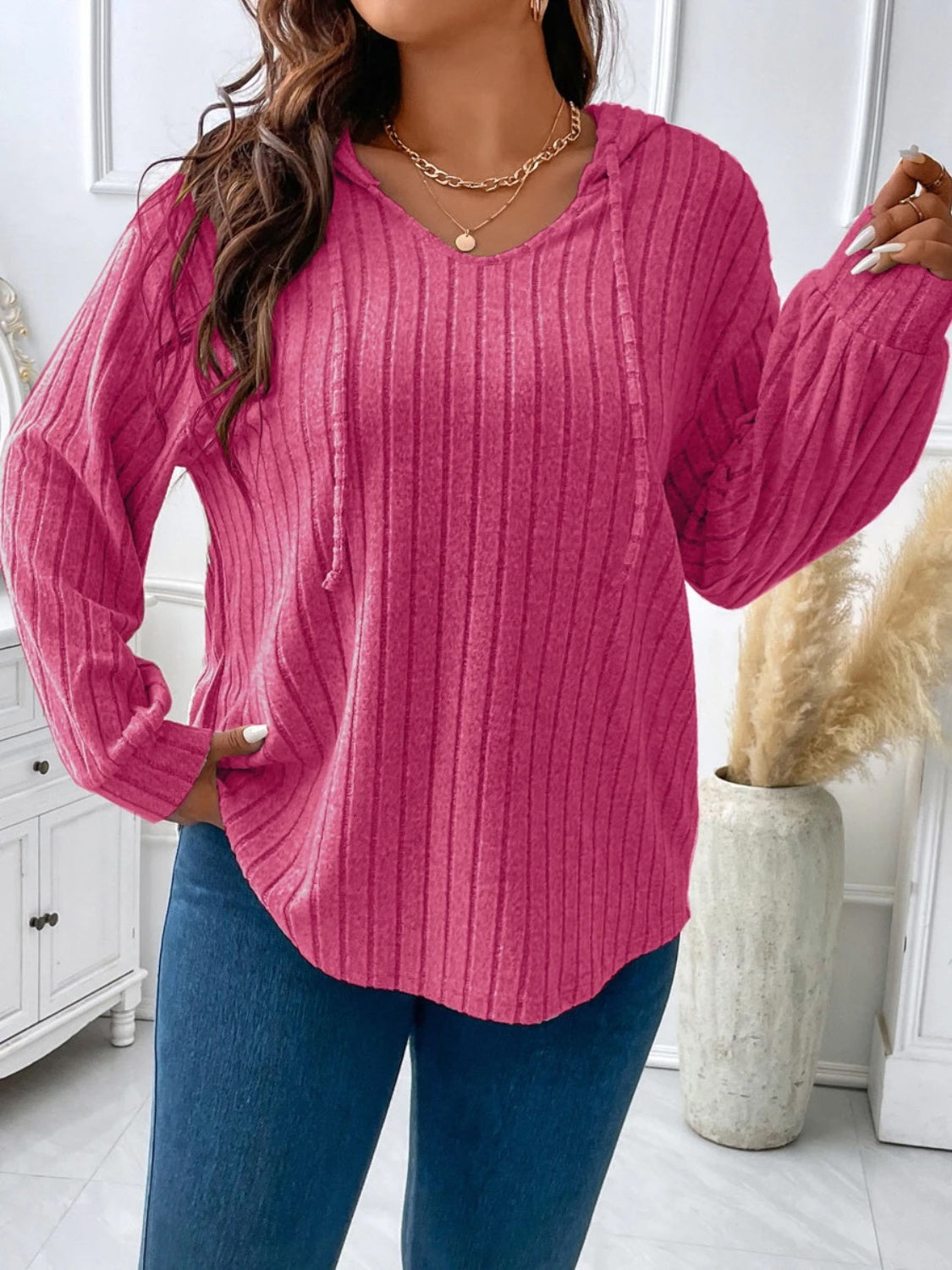 Plus Size Drawstring Dropped Shoulder Hooded T-Shirt - Little Miss Vanilla