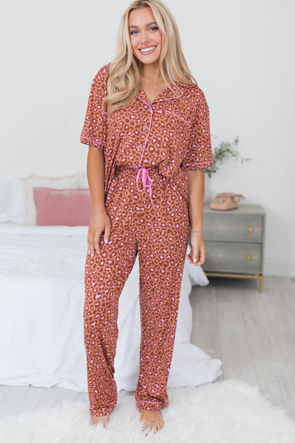 Brown Leopard Print Short Sleeve Shirt and Pants Pajamas Set - Little Miss Vanilla