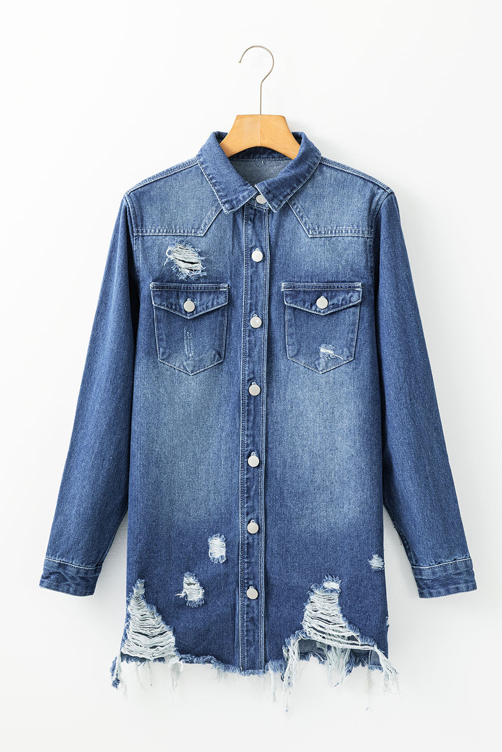 Sky Blue Light Wash Distressed Frayed Long Denim Jacket - Little Miss Vanilla