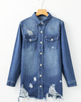 Sky Blue Light Wash Distressed Frayed Long Denim Jacket - Little Miss Vanilla