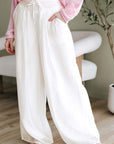 White Casual Tie Waist Pleated Wide Leg Pants