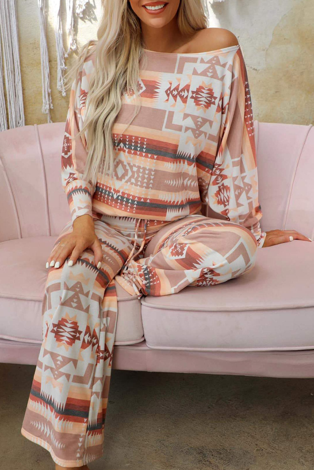 Multicolour Aztec Print Puff Sleeve Pullover and Pants Lounge Outfit - Little Miss Vanilla