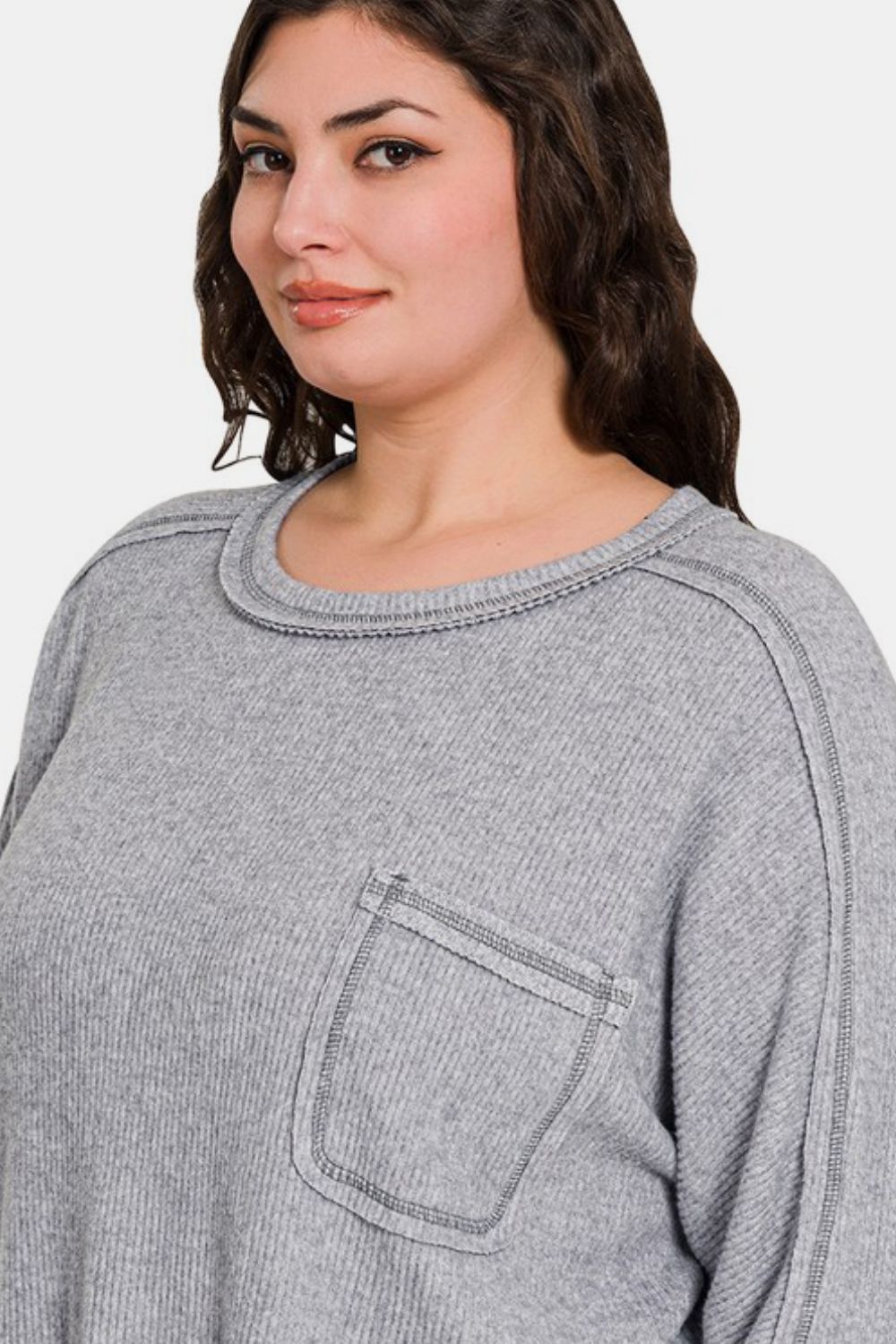 Zenana Full Size Contrast Stitching Brushed Ribbed Hacci Knit Top - Little Miss Vanilla