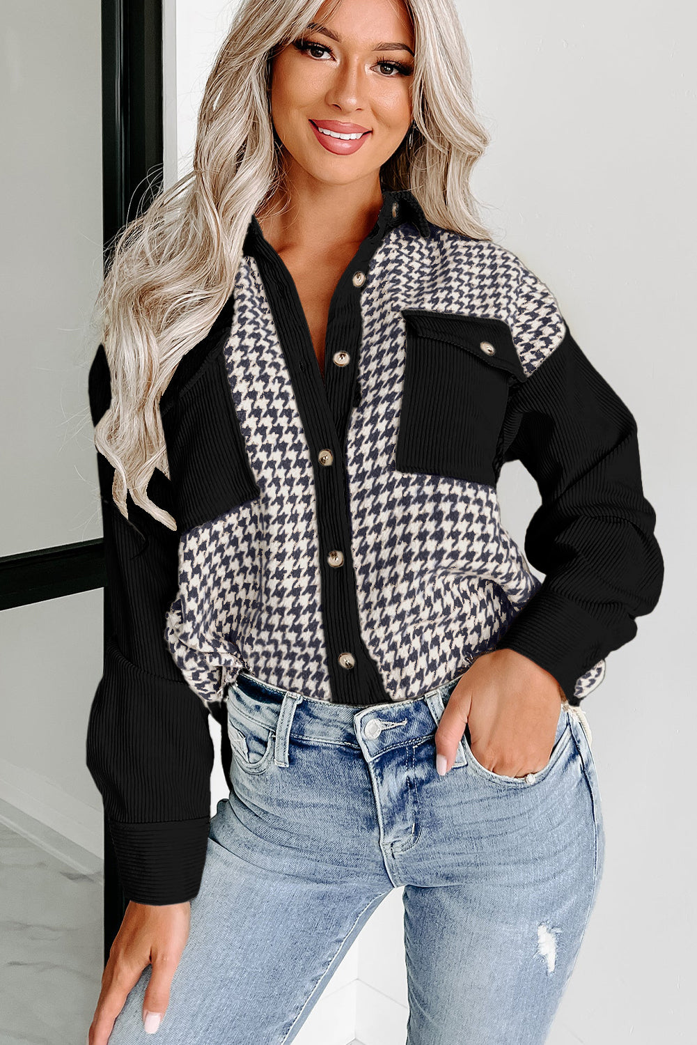 Black Houndstooth Corduroy Patchwork Flap Pocket Shacket - Little Miss Vanilla