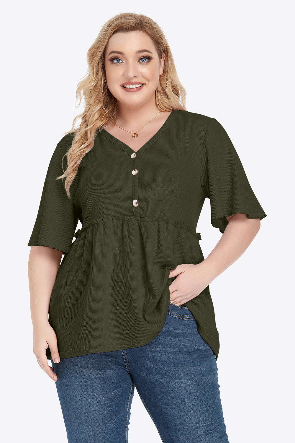 Plus Size Buttoned V-Neck Frill Trim Babydoll Blouse - Little Miss Vanilla