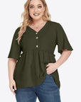 Plus Size Buttoned V-Neck Frill Trim Babydoll Blouse - Little Miss Vanilla