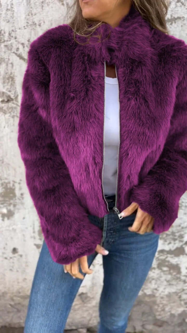 Fashion Stand Collar Plush Jacket Winter Casual Turtleneck Zipper Coat Fleece Tops Women&#39;s Clothing