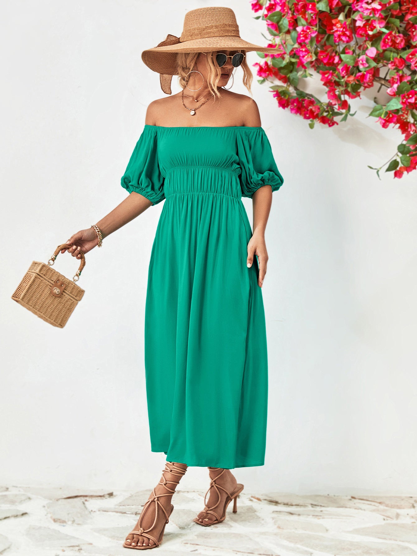 Off-Shoulder Balloon Sleeve Midi Dress - Little Miss Vanilla