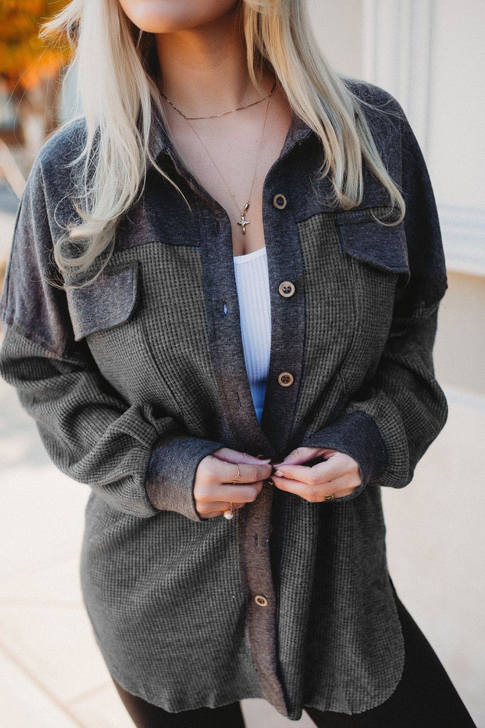 Waffle Knit Button Up Drop Shoulder Jacket - Little Miss Vanilla