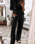 Black Textured Long Sleeve T Shirt and Pants Lounge Set - Little Miss Vanilla