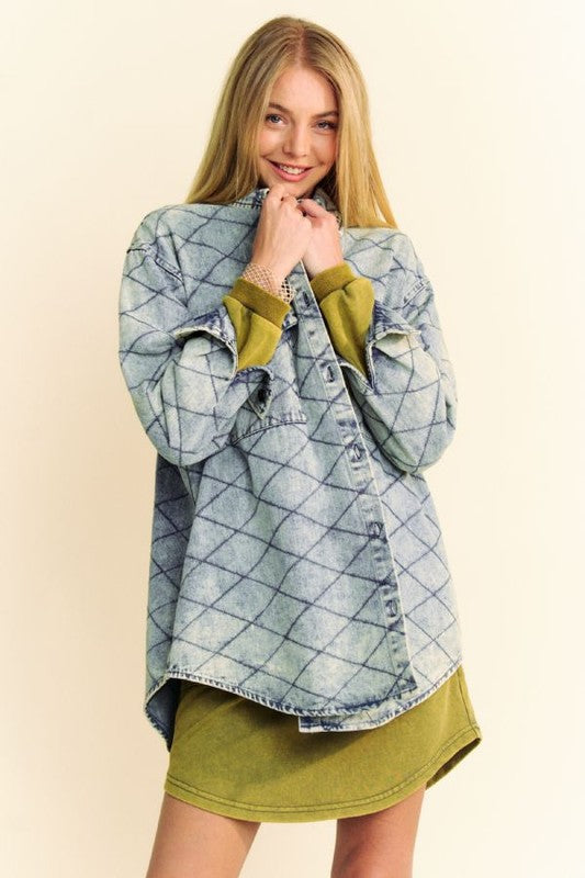 Davi & Dani Curved Hem Diamond Quilted Button Up Denim Shacket - Little Miss Vanilla