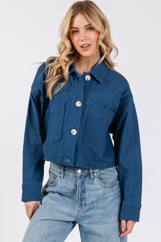 bytos Button Down Cropped Denim Jacket with Patch Pockets - Little Miss Vanilla