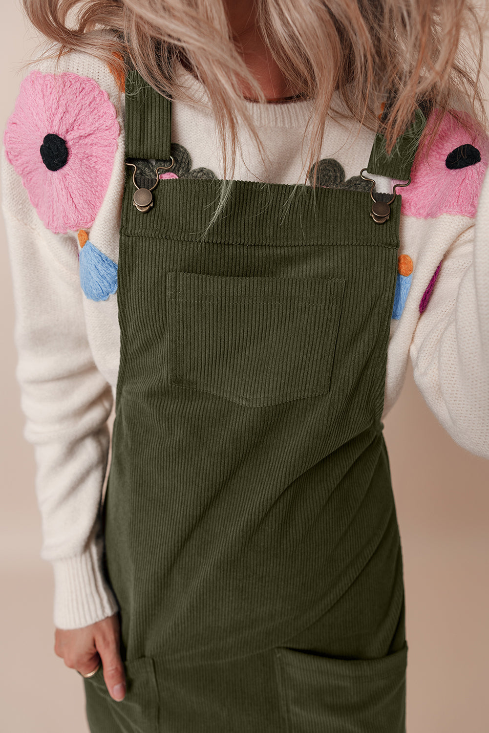 Vineyard Green Solid Front Pockets Sleeveless Corduroy Overall Dress - Little Miss Vanilla