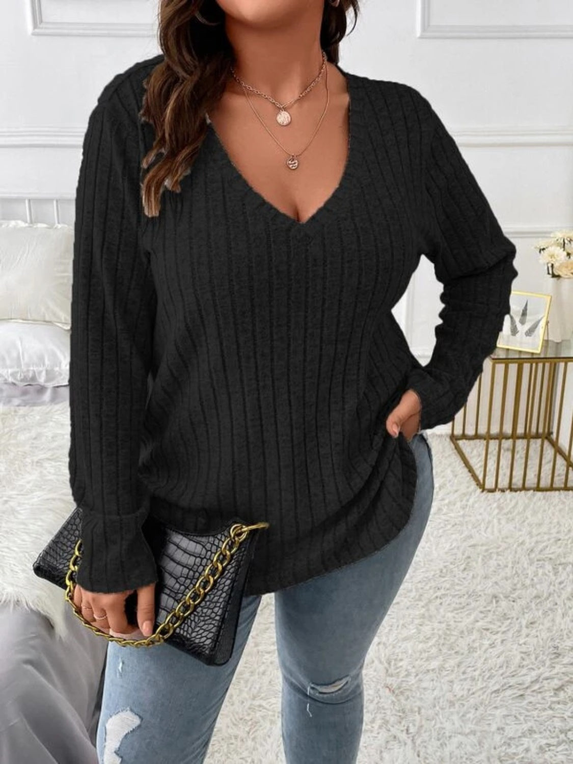 Plus Size V-Neck Long Sleeve T-Shirt - Little Miss Vanilla