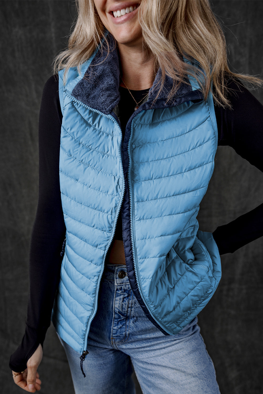 Sky Blue Plush Collared Quilted Zipped Puffer Vest - Little Miss Vanilla