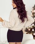 Apricot Sequin Zip up Round Neck Long Sleeve Jacket