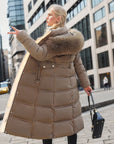 Winter Slim Long Jacket With Fur Hood And Belt Fashion Solid Hooded Coat Warm Clothing For Women