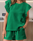 Bright Green Textured Ruffled Sleeve Tee and Drawstring Shorts Set