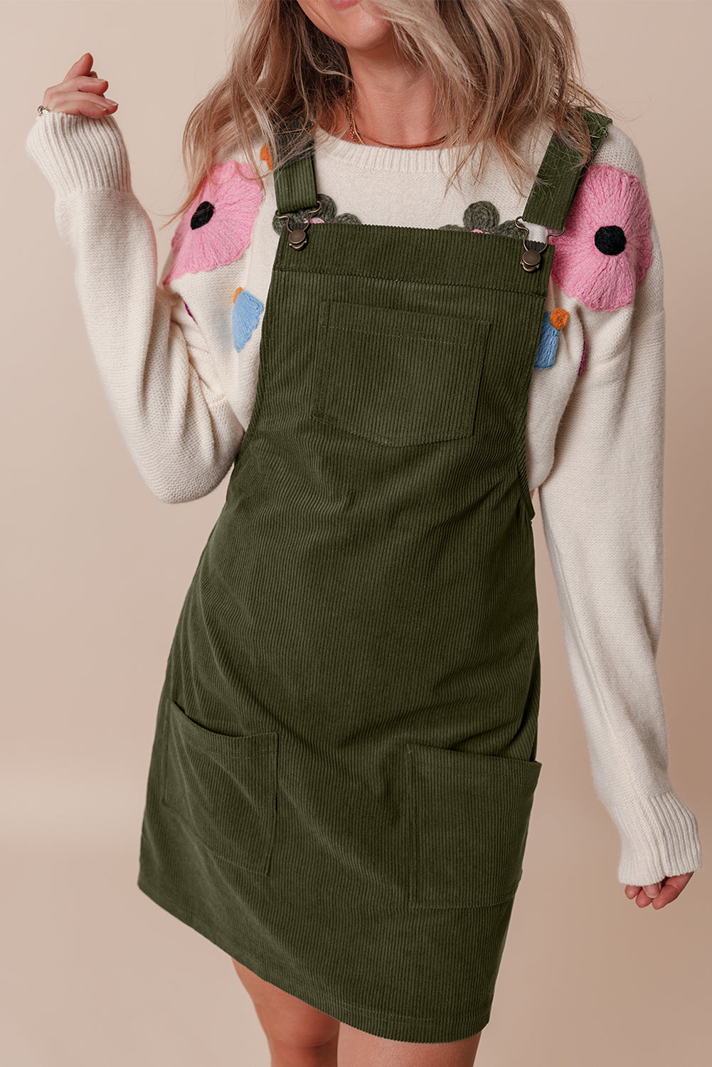 Vineyard Green Solid Front Pockets Sleeveless Corduroy Overall Dress - Little Miss Vanilla