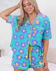 Green Flower Print Short Sleeve Shirt Pajamas Set - Little Miss Vanilla